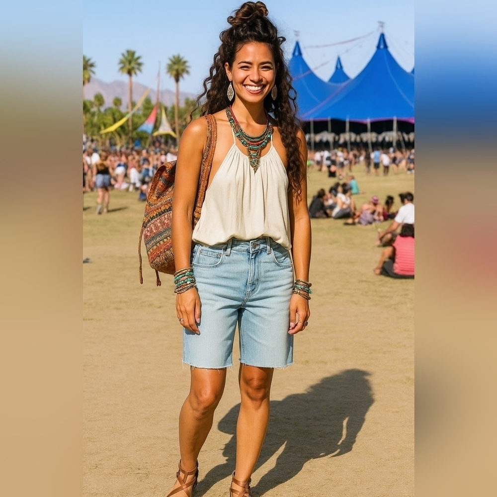 Boho Shorts 32 Relax Fit Longline Medium Wash Midrise Frayed Hem Shorts New